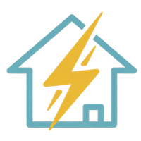 Turquoise house outline with a yellow lightning bolt, suggesting home electricity or power outage