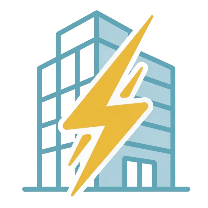 Blue office building with a yellow lightning bolt overlay, suggesting electricity or energy efficiency