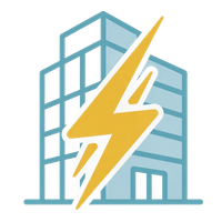 Blue office building with a yellow lightning bolt overlay, suggesting electricity or energy efficiency