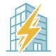 Blue office building with a yellow lightning bolt overlay, suggesting electricity or energy efficiency
