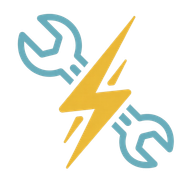 Blue wrenches crossed by a yellow lightning bolt, symbolizing electrical repair or maintenance