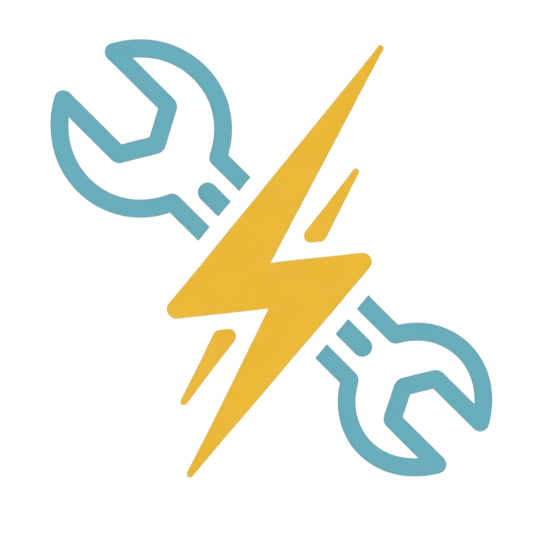 Blue wrenches crossed by a yellow lightning bolt, symbolizing electrical repair or maintenance