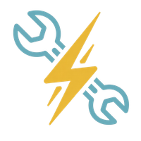 Blue wrenches crossed by a yellow lightning bolt, symbolizing electrical repair or maintenance
