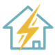 Turquoise house outline with a yellow lightning bolt, suggesting home electricity or power outage