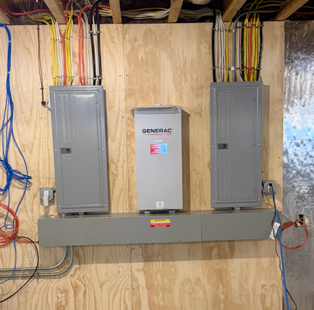 Generator backup electrical panel setup on plywood wall with gray enclosures and exposed wiring