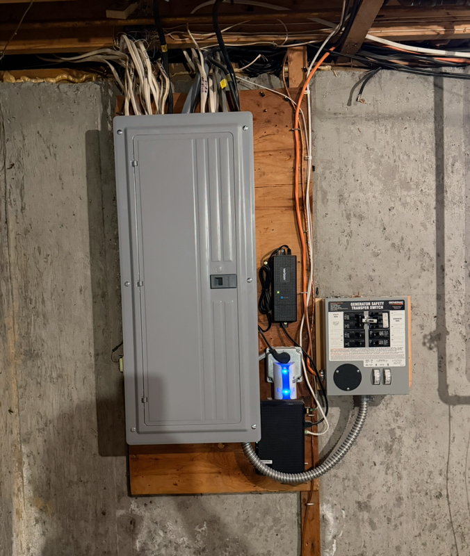 Gray electrical breaker panel and utility meters mounted on a basement concrete wall with exposed wiring.