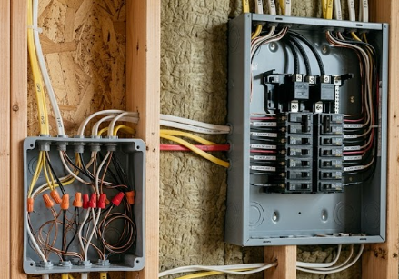 Two electrical breaker panels with exposed wiring mounted on unfinished wooden framing and insulation