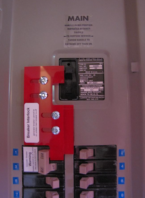 Electrical main breaker panel with red lockout device and black switches