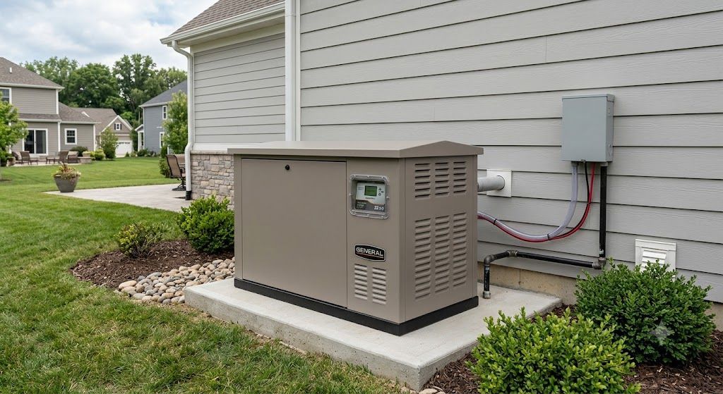Outdoor generator beside a house, with gray siding and utility connections on a concrete pad.