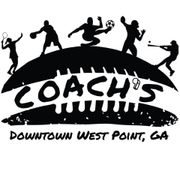 Silhouettes of athletes playing various sports atop a football shape; "Coach's" and "Downtown West Point, GA" in text.