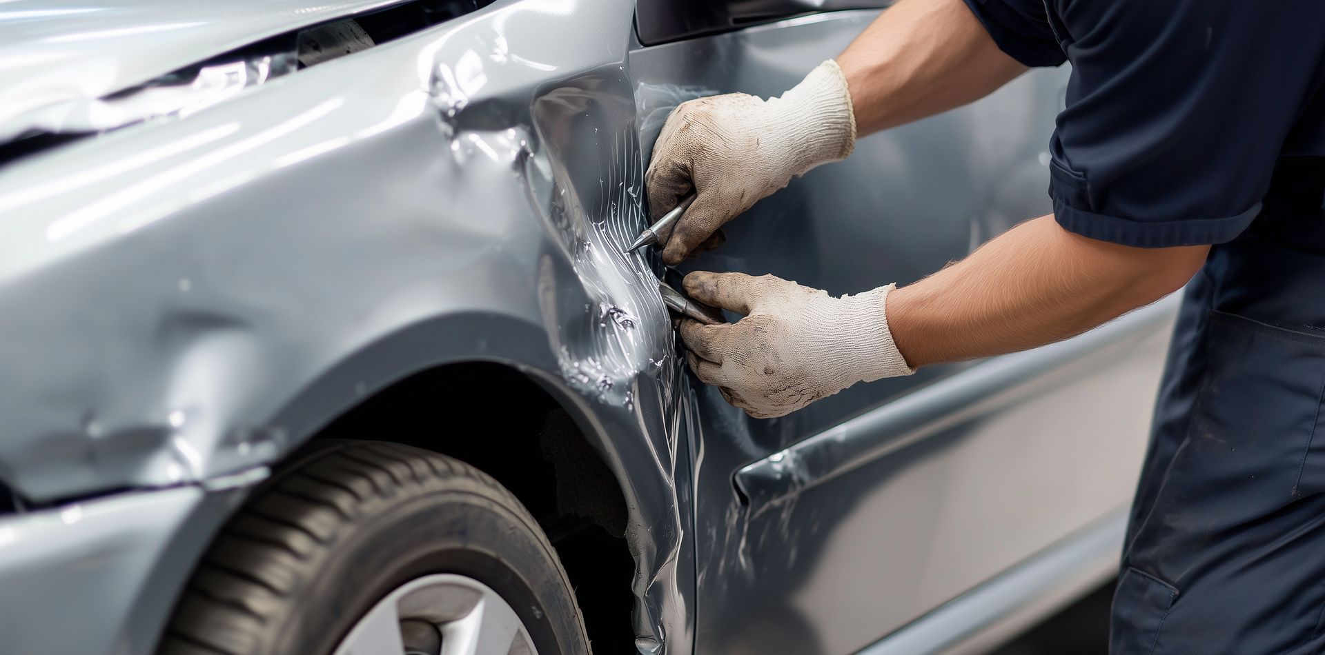 A worker wearing gloves uses a tool to apply body filler to the dented fender of a silver car in an auto repair shop.