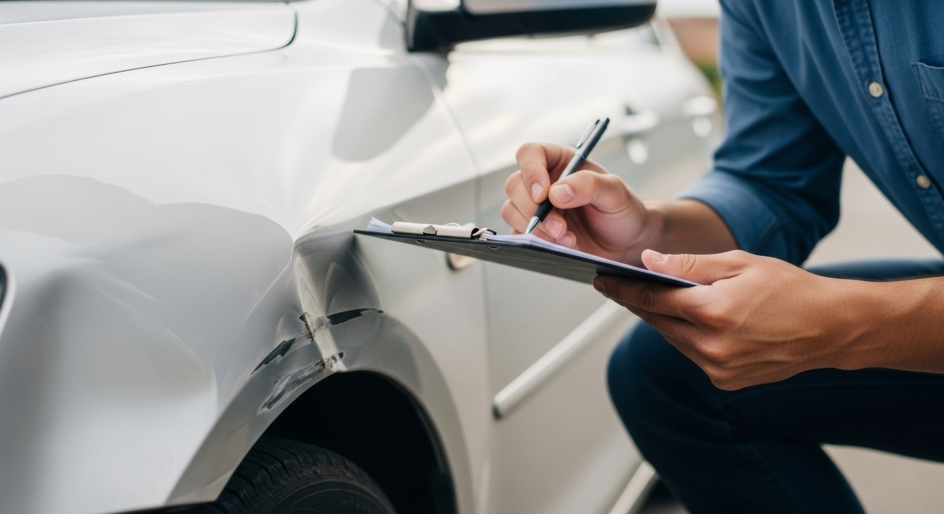 A person in a blue shirt inspects damage on a white car, writing notes on a clipboard.