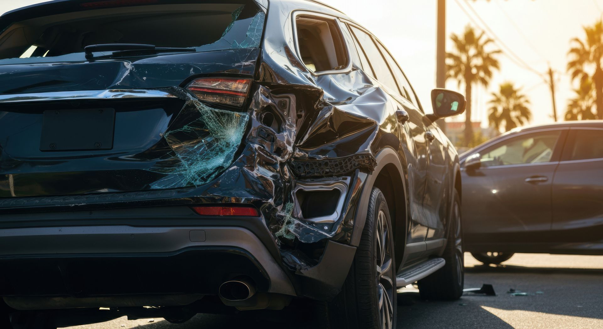 A dark-colored SUV with severe rear-end damage on a road, with another car nearby in a bright, outdoor setting.