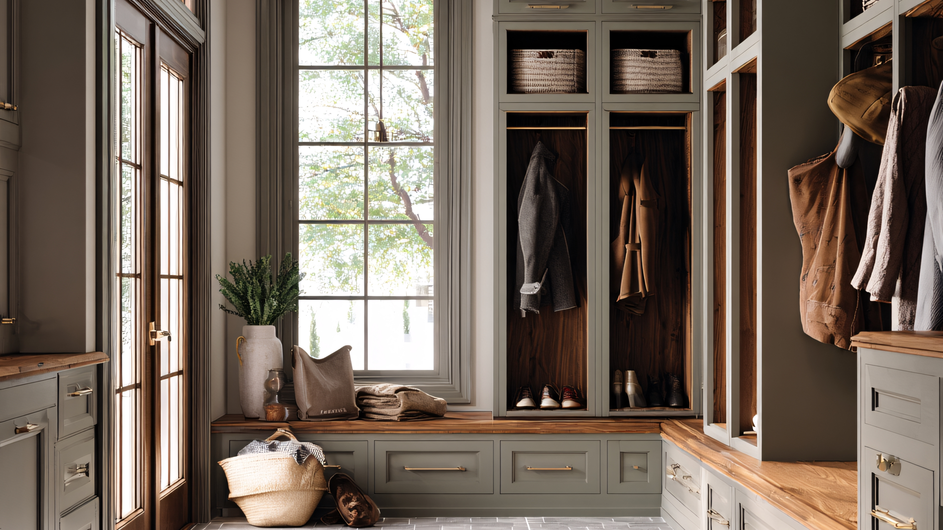 Entryway with built-in storage, bench, and window. Green cabinets, wooden accents, coats hanging.