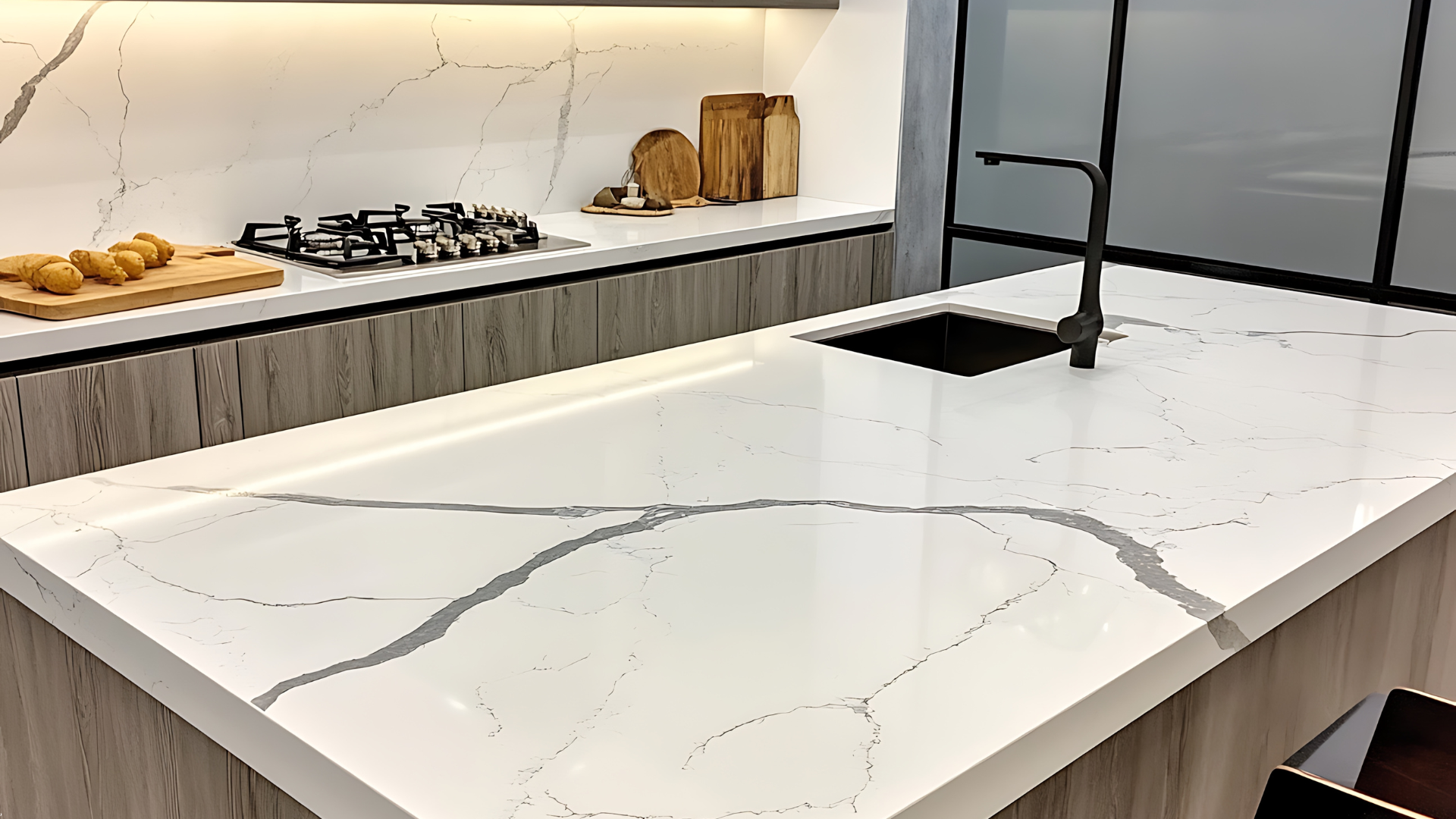 Modern kitchen with a white countertop and dark sink, stovetop, and faucet.