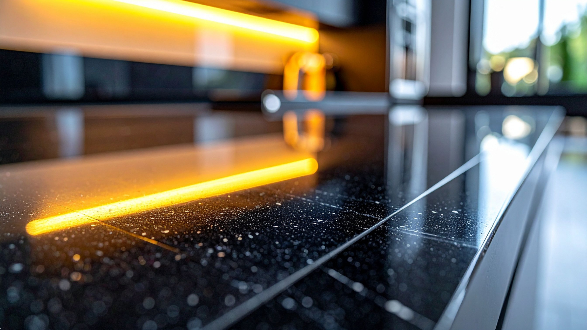 Close-up of a black granite countertop with reflective surface, illuminated by a warm, overhead light.