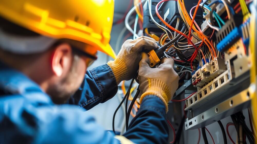 Electrician in a hard hat working on wiring.