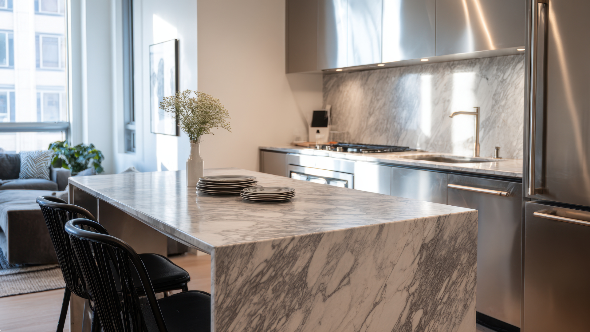 Modern kitchen with marble island, stainless steel appliances, and sunlight.