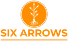 Orange logo with an arrow-shaped tree, roots, and the text "SIX ARROWS" underneath.