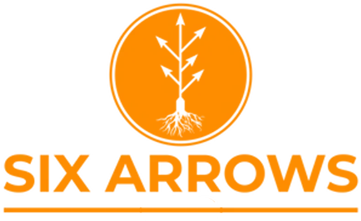 Orange logo with an arrow-shaped tree, roots, and the text "SIX ARROWS" underneath.