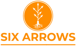 Orange logo with an arrow-shaped tree, roots, and the text "SIX ARROWS" underneath.
