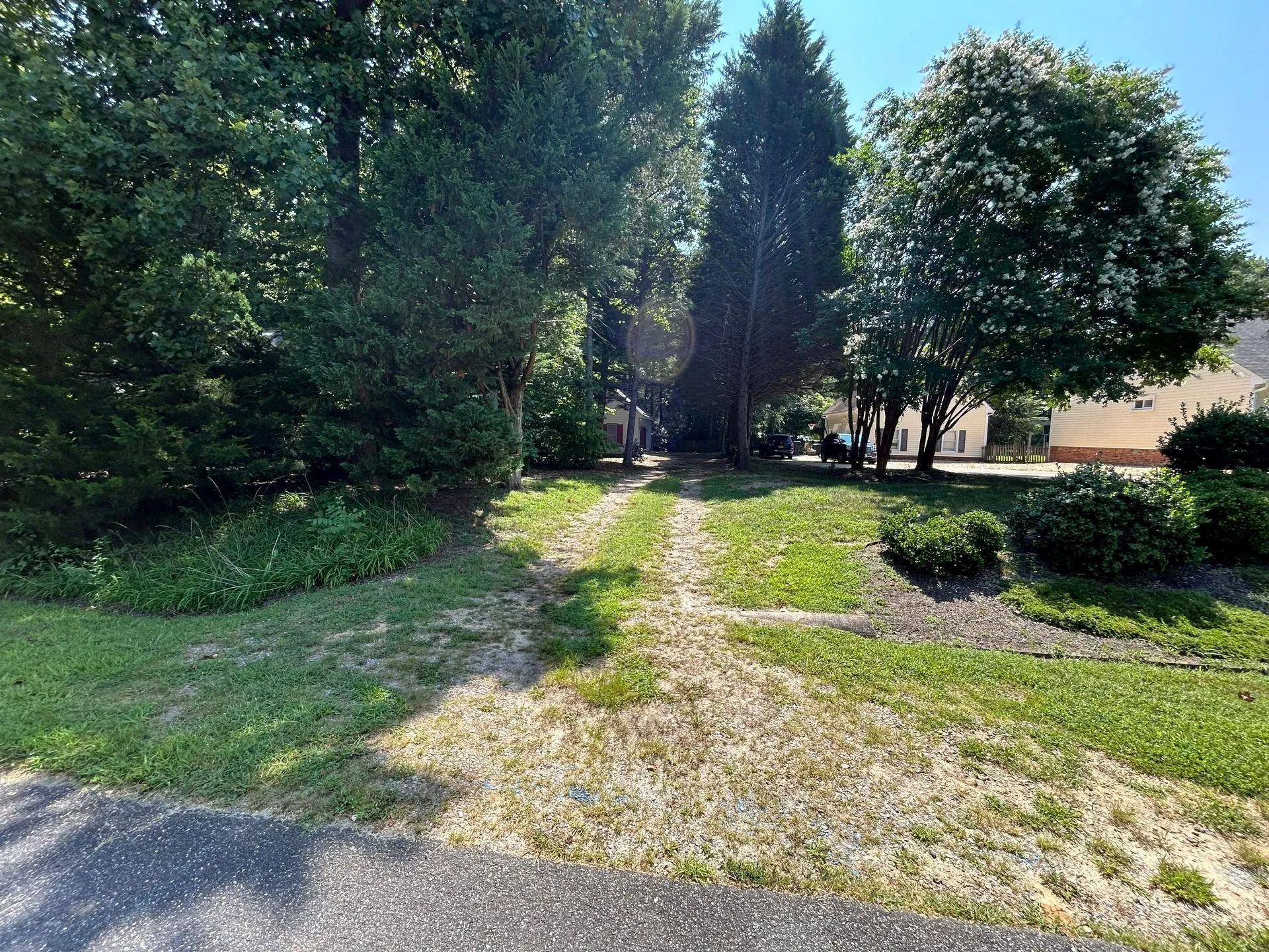 A gravel driveway leads from a paved road into a shaded, wooded residential area with lush green trees and shrubs.