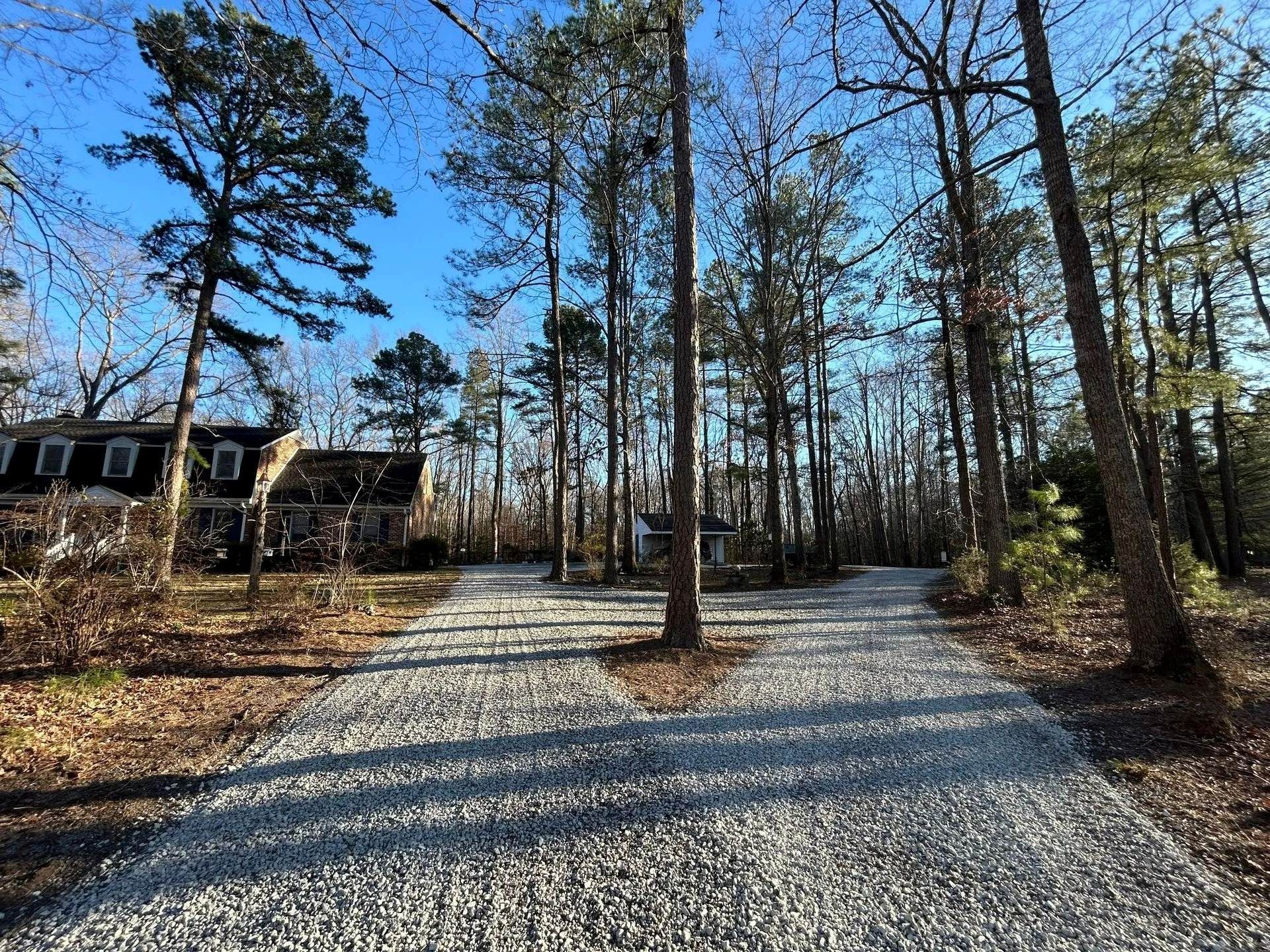 A gravel driveway splits into a Y-shape leading to houses nestled among tall trees on a clear, sunny day.