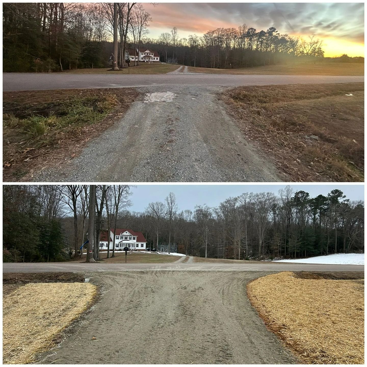 Before-and-after photos of a gravel driveway entrance with fresh landscaping and straw erosion control blankets.