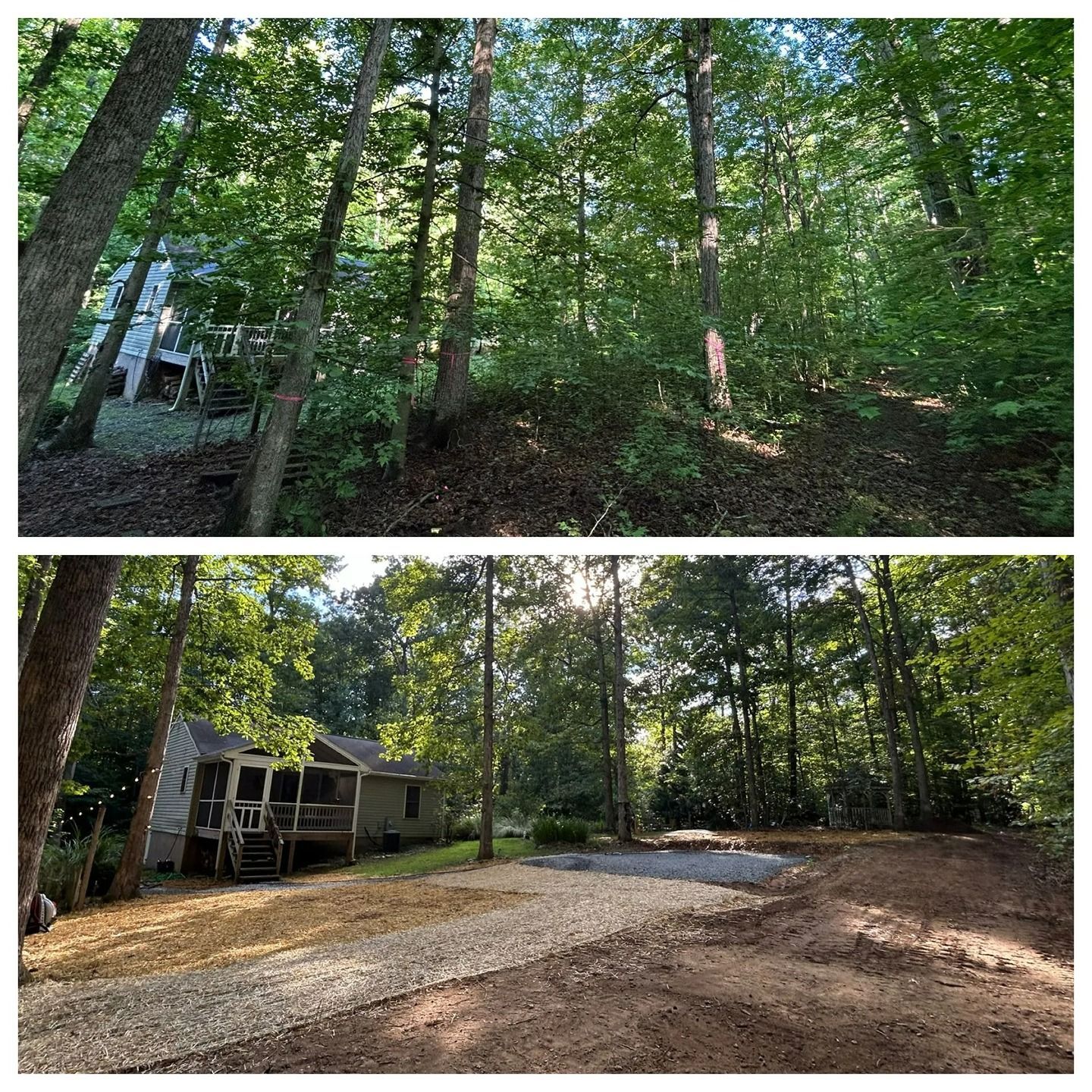 Before and after photos of a forested lot cleared to create a gravel parking area beside a small house.