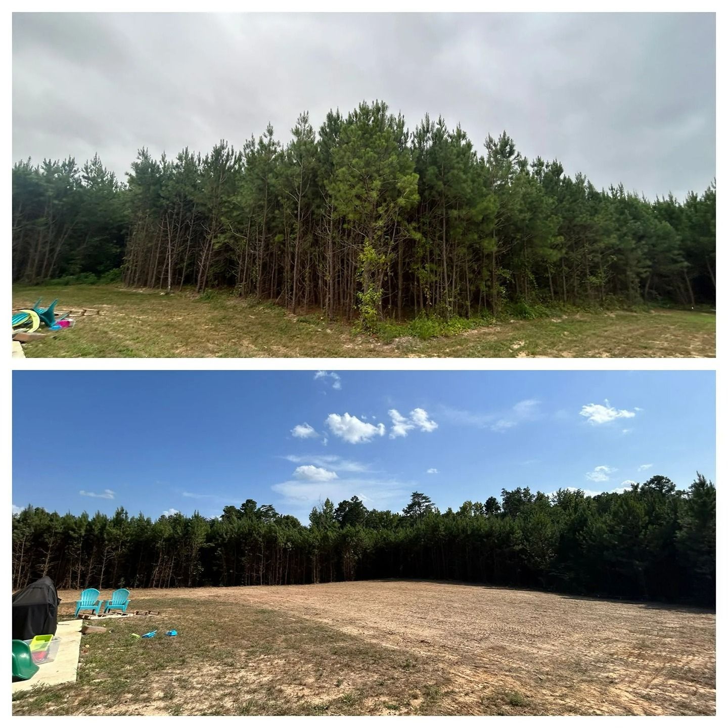 A two-part photo showing a clearing being landscaped with a tree line in the background on a cloudy and a sunny day.