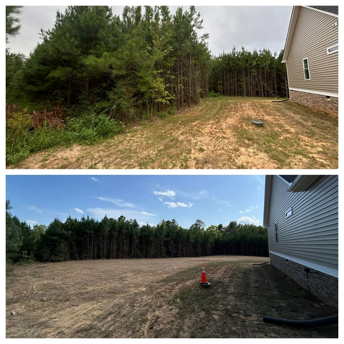 Before and after views of a backyard showing brush clearing near a house and tree line under cloudy and sunny skies.