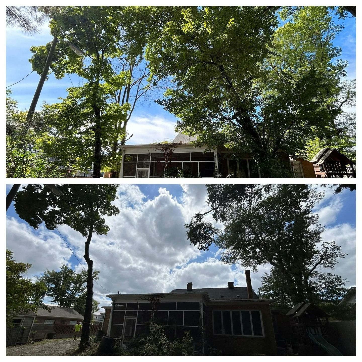 A split-screen comparison of a house with a screened porch surrounded by trees under bright and cloudy blue skies.