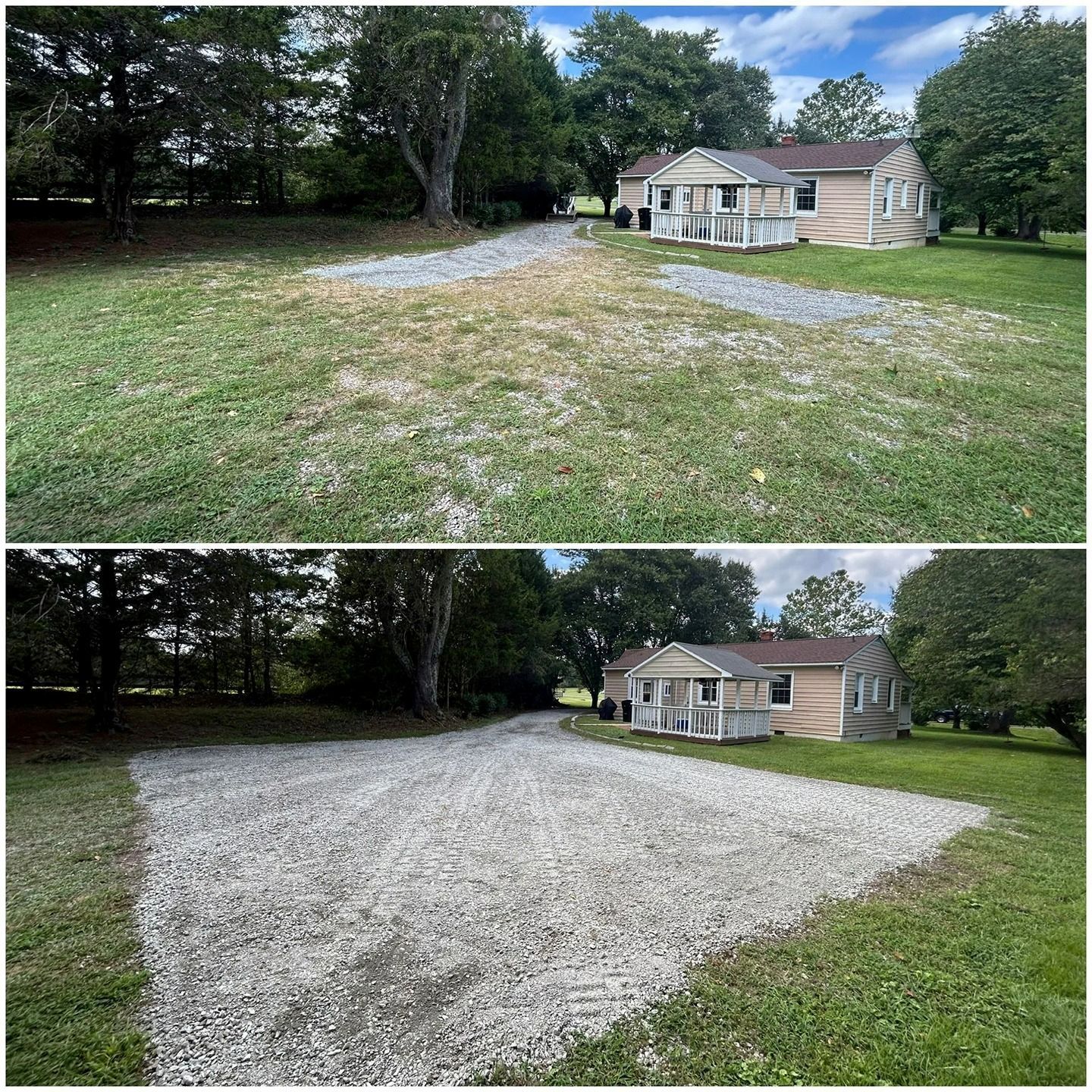 A before and after comparison of a residential yard, showing the installation of a new gravel driveway.