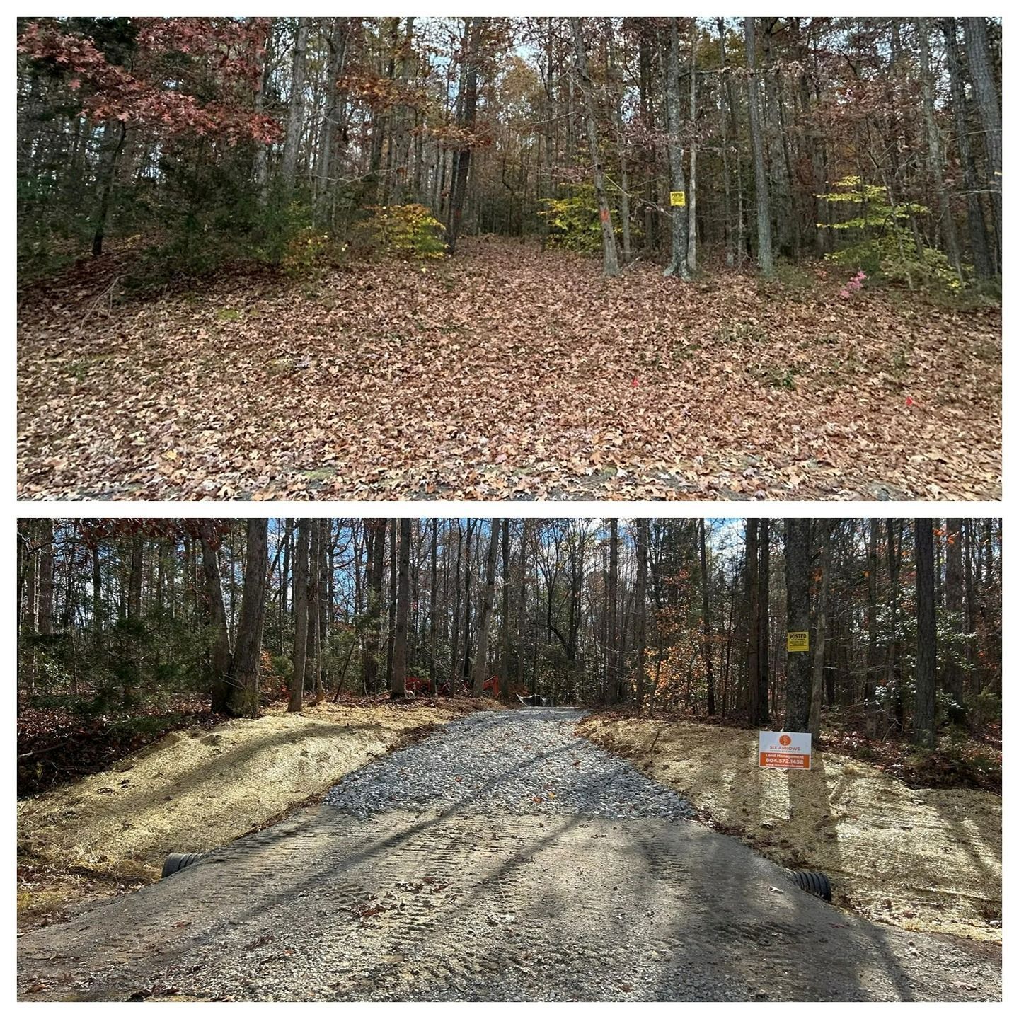 A before-and-after showing a dirt woodland path transformed into a graveled driveway with fresh mulch on the sides.