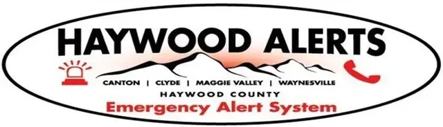 Haywood Alerts Emergency Alert System logo with black, red, and white text and a siren icon