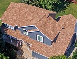 Aerial view of a blue house with a brown shingle roof and white trim, surrounded by green trees.