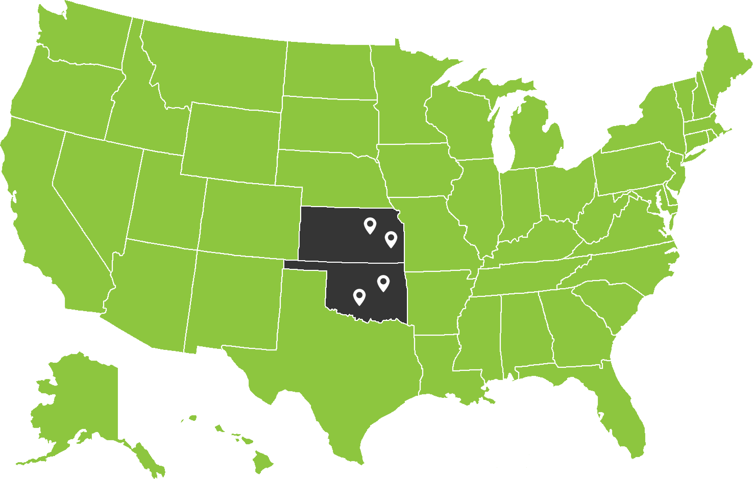 Map of the United States with Oklahoma highlighted in dark gray and several location pins within the state.
