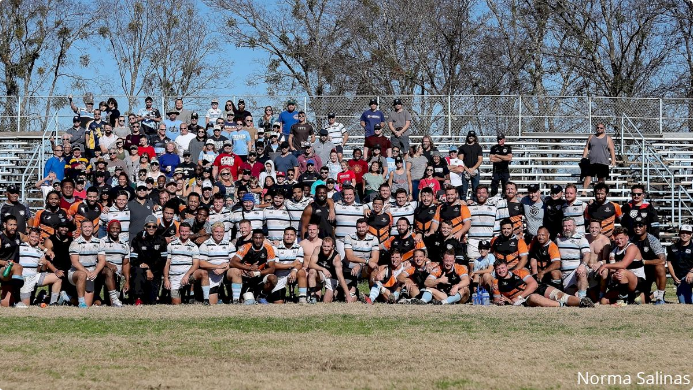 Rugby fans and players gather together
