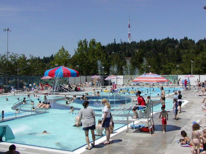 Outdoor public swimming pool with people, water fountains, and umbrellas on a sunny day.