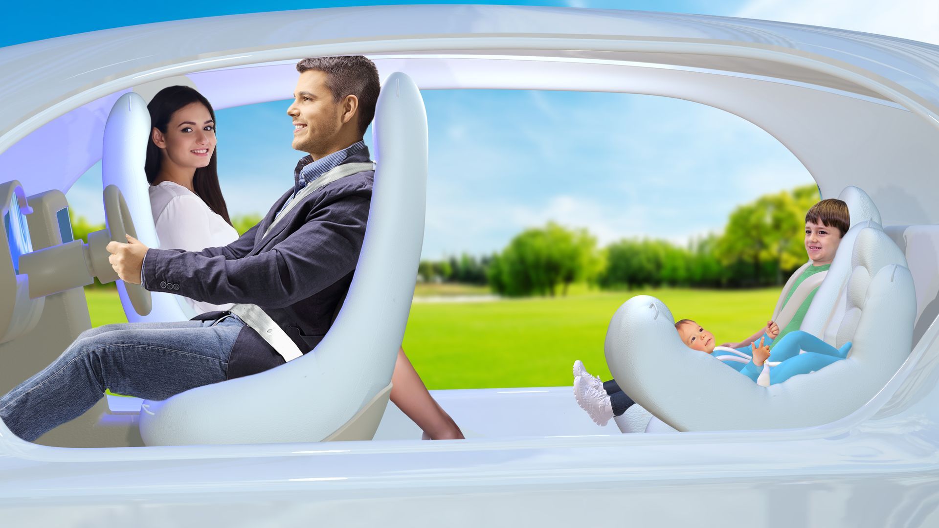 A baby is sitting in a car seat in the back seat of a car.