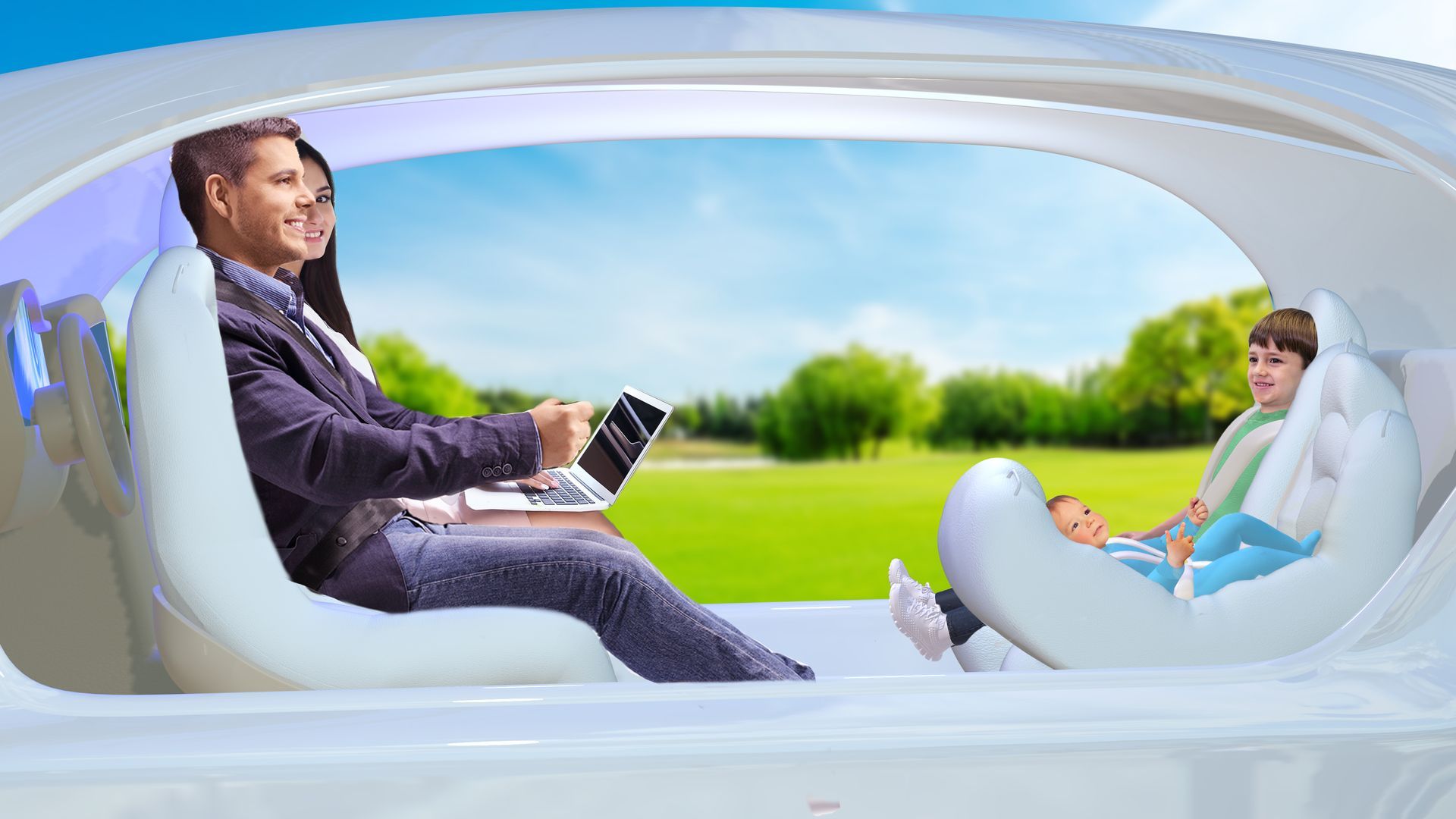 A baby is sitting in a car seat in the back seat of a car.
