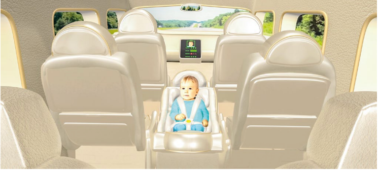 A baby is sitting in a car seat in the back seat of a car.