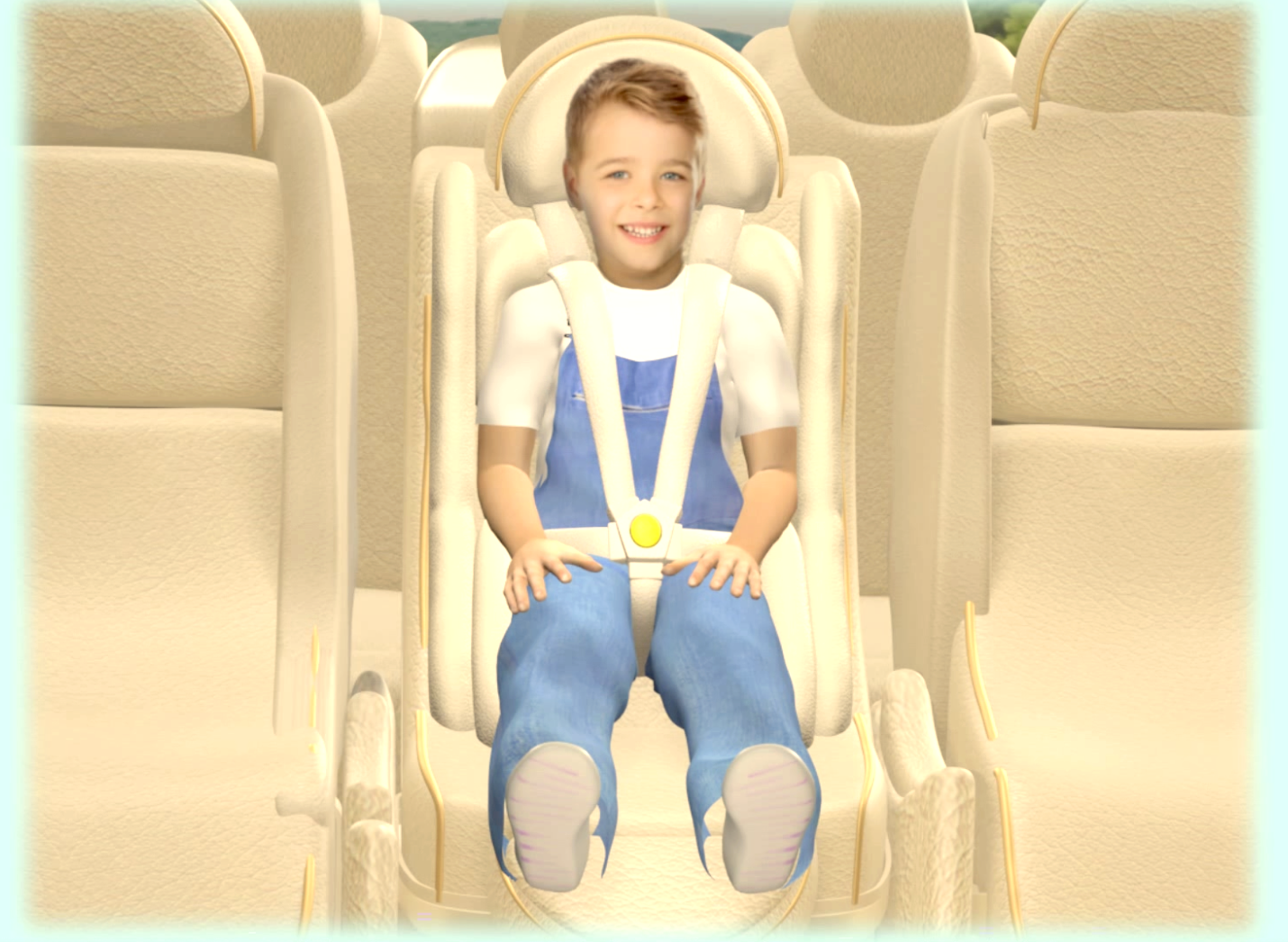 A child is sitting in a car seat and smiling