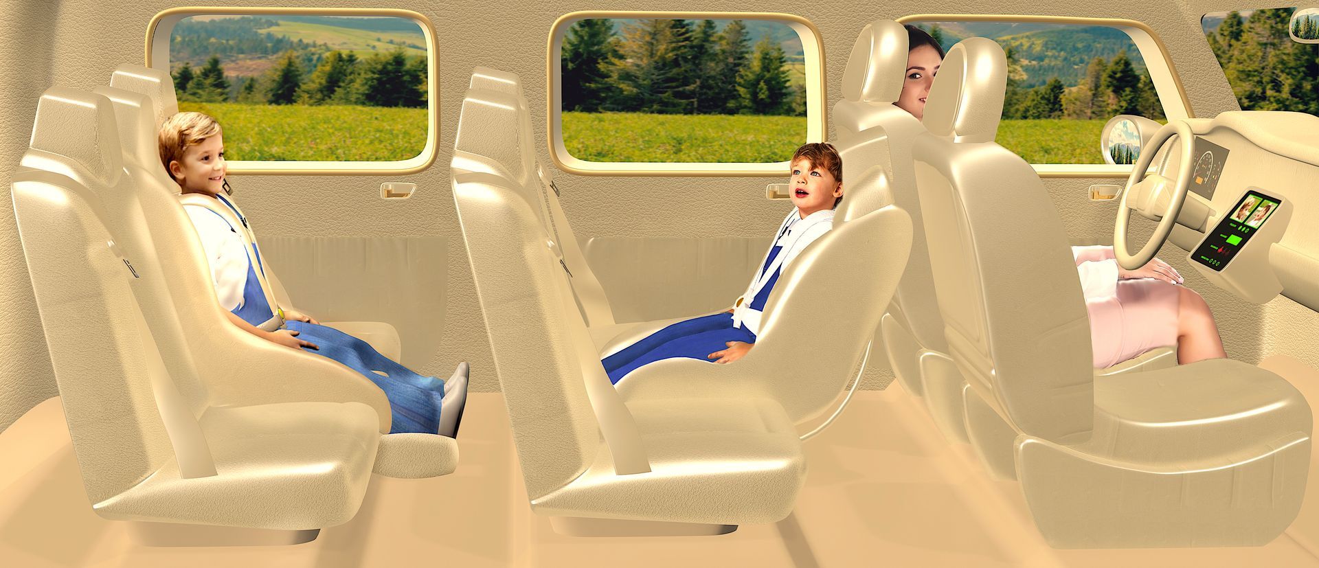 A group of people are sitting in the back seat of a car.