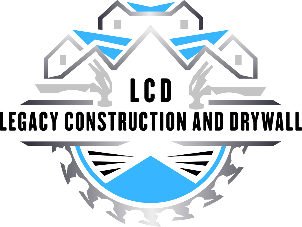 Logo for Legacy Construction and Drywall; blue and silver with house and tools.