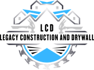 Logo for Legacy Construction and Drywall; blue and silver with house and tools.