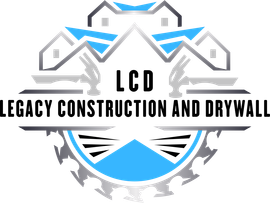 Logo for Legacy Construction and Drywall; blue and silver with house and tools.