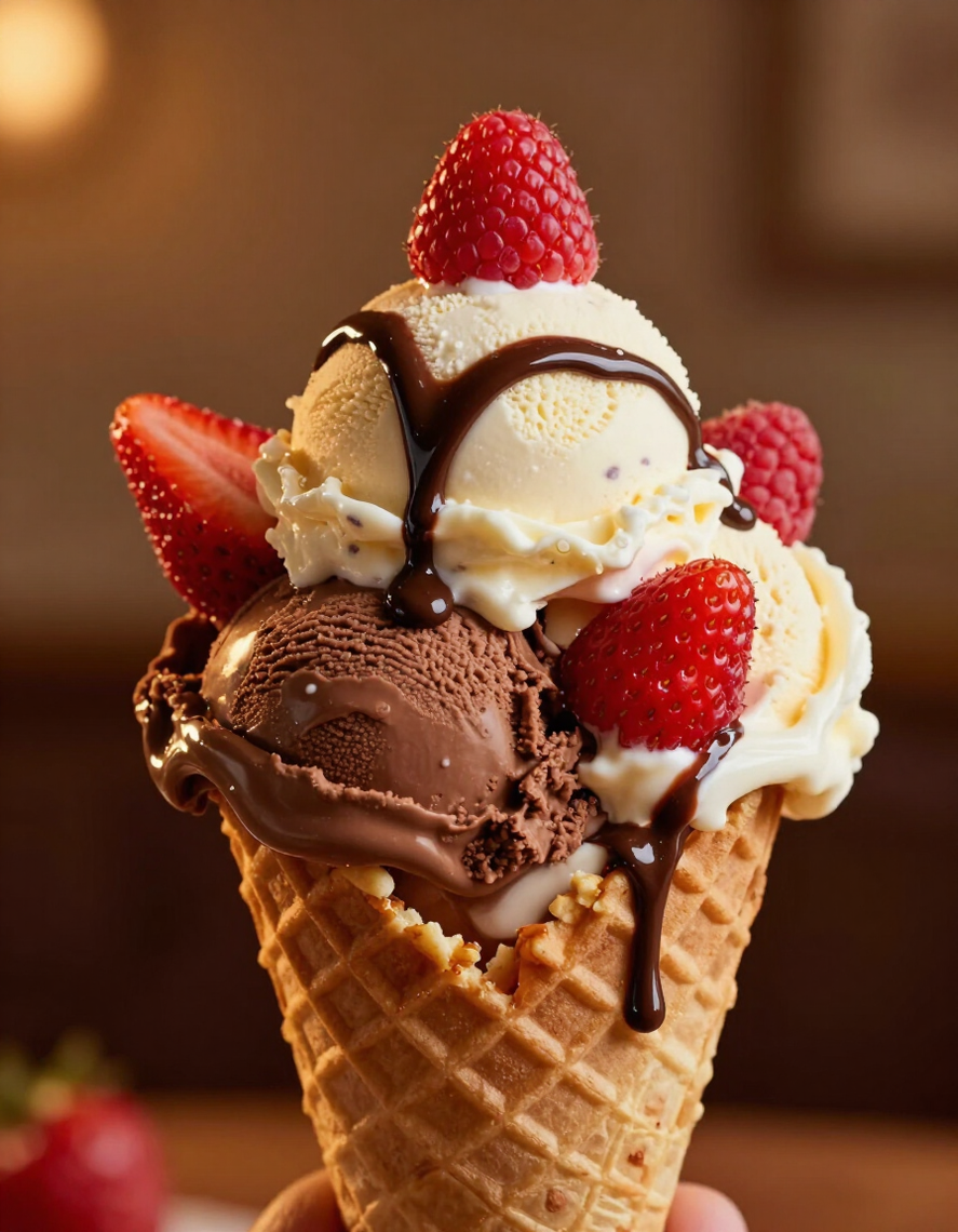 Cono de gofre con bolas de helado de chocolate y vainilla, cubierto con frambuesas y sirope de chocolate.