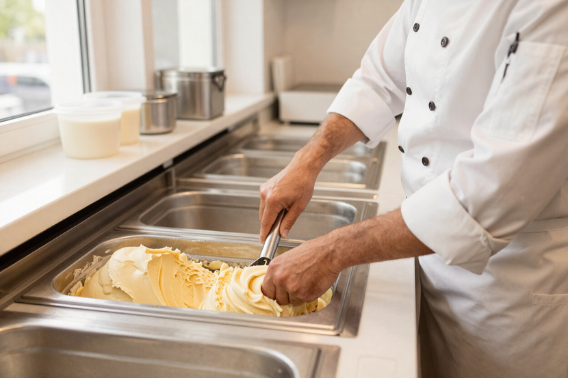 Un chef vertiendo mantequilla en una bandeja de preparación de acero inoxidable en una cocina comercial.