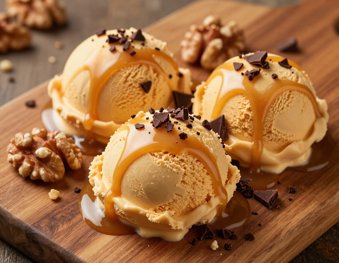Bolas de helado de caramelo cubiertas con virutas de chocolate y nueces sobre una tabla de madera.